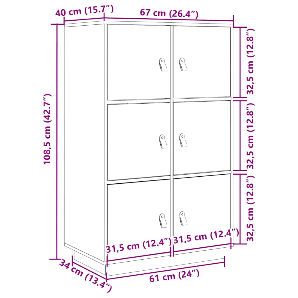 Highboard Weiß 67x40x108,5 cm Massivholz Kiefer